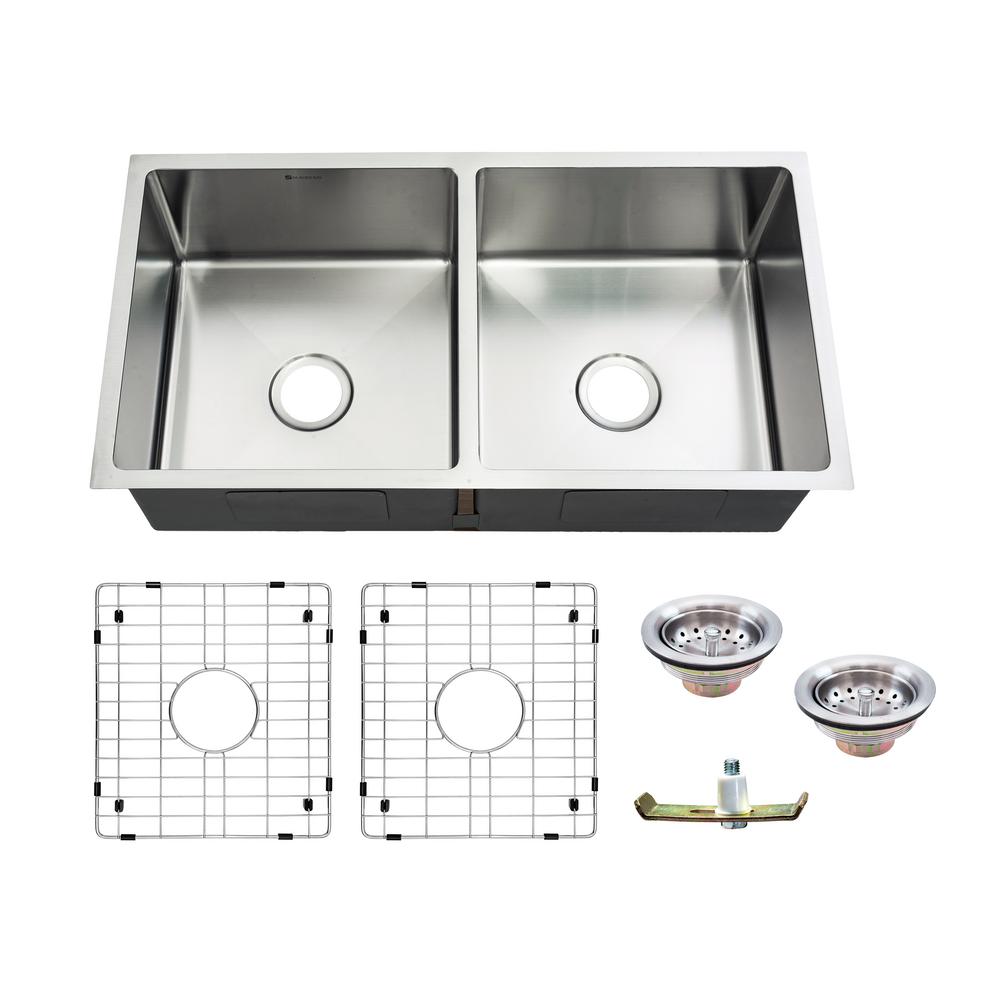 Glacier Bay - 1005459140 - Tight Radius Undermount 18G Stainless Steel 36 in. 50/50 Double Bowl Kitchen Sink with Accessories - 08936084970651