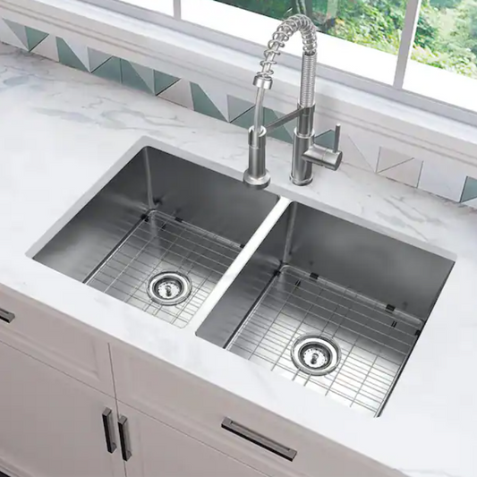 Glacier Bay - 1005459140 - Tight Radius Undermount 18G Stainless Steel 36 in. 50/50 Double Bowl Kitchen Sink with Accessories - 08936084970651