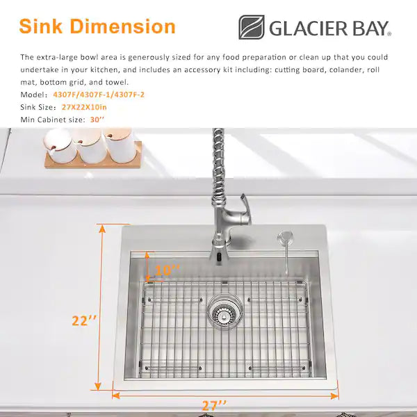 Glacier Bay - 1004094015 - Zero Radius Drop-in 18G Stainless Steel 27 in. 4-Hole Single Bowl Workstation Kitchen Sink with Accessories