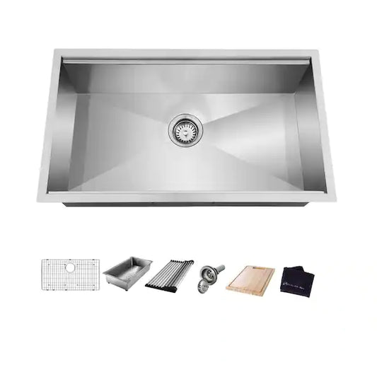 Glacier Bay - 1004094255 - Zero Radius Undermount 18G Stainless Steel 27 in. Single Bowl Workstation Kitchen Sink with Accessories