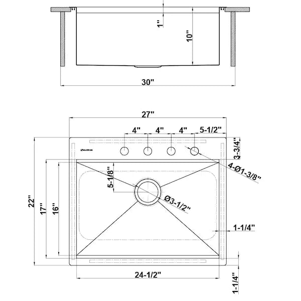 Glacier Bay - 1004094015 - Zero Radius Drop-in 18G Stainless Steel 27 in. 4-Hole Single Bowl Workstation Kitchen Sink with Accessories